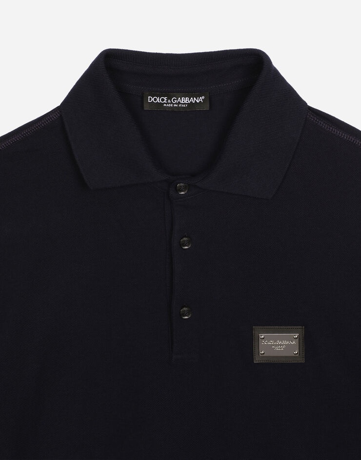 Cotton piqué polo-shirt with branded tag - 3