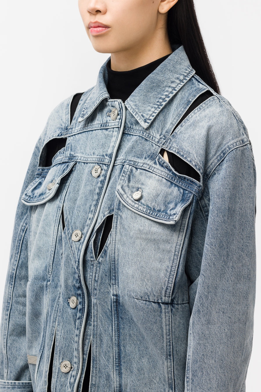 Polygon Cut Out Denim Jacket in Faded Blue - 4