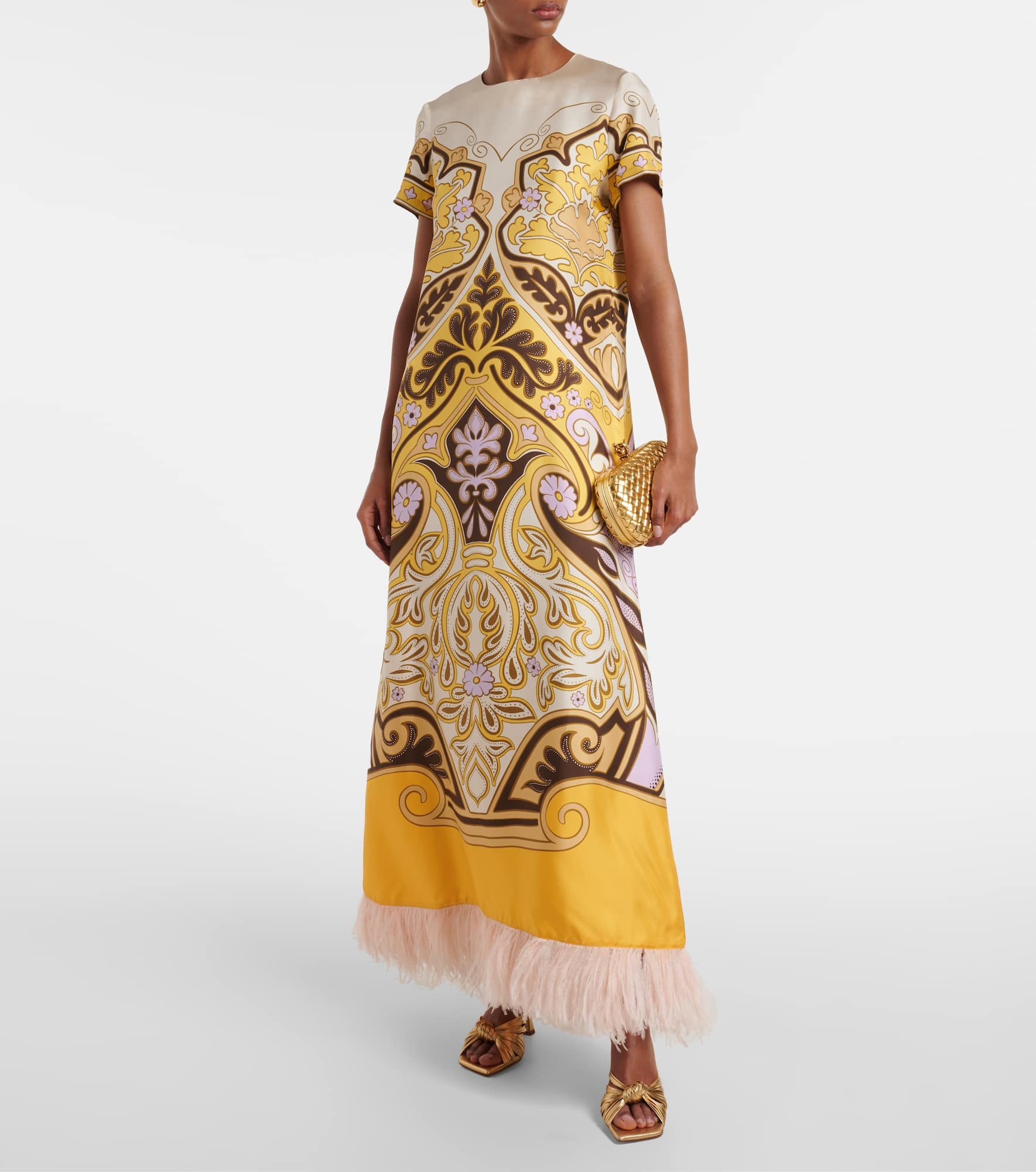 Printed feather-trimmed silk maxi dress - 2