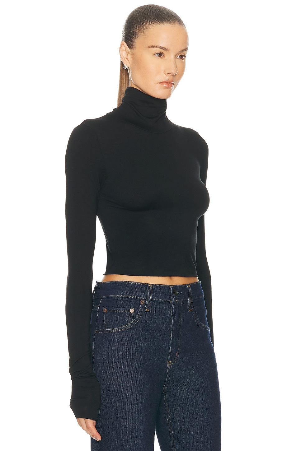 Cropped Fitted Turtleneck Soft Jersey Top - 2