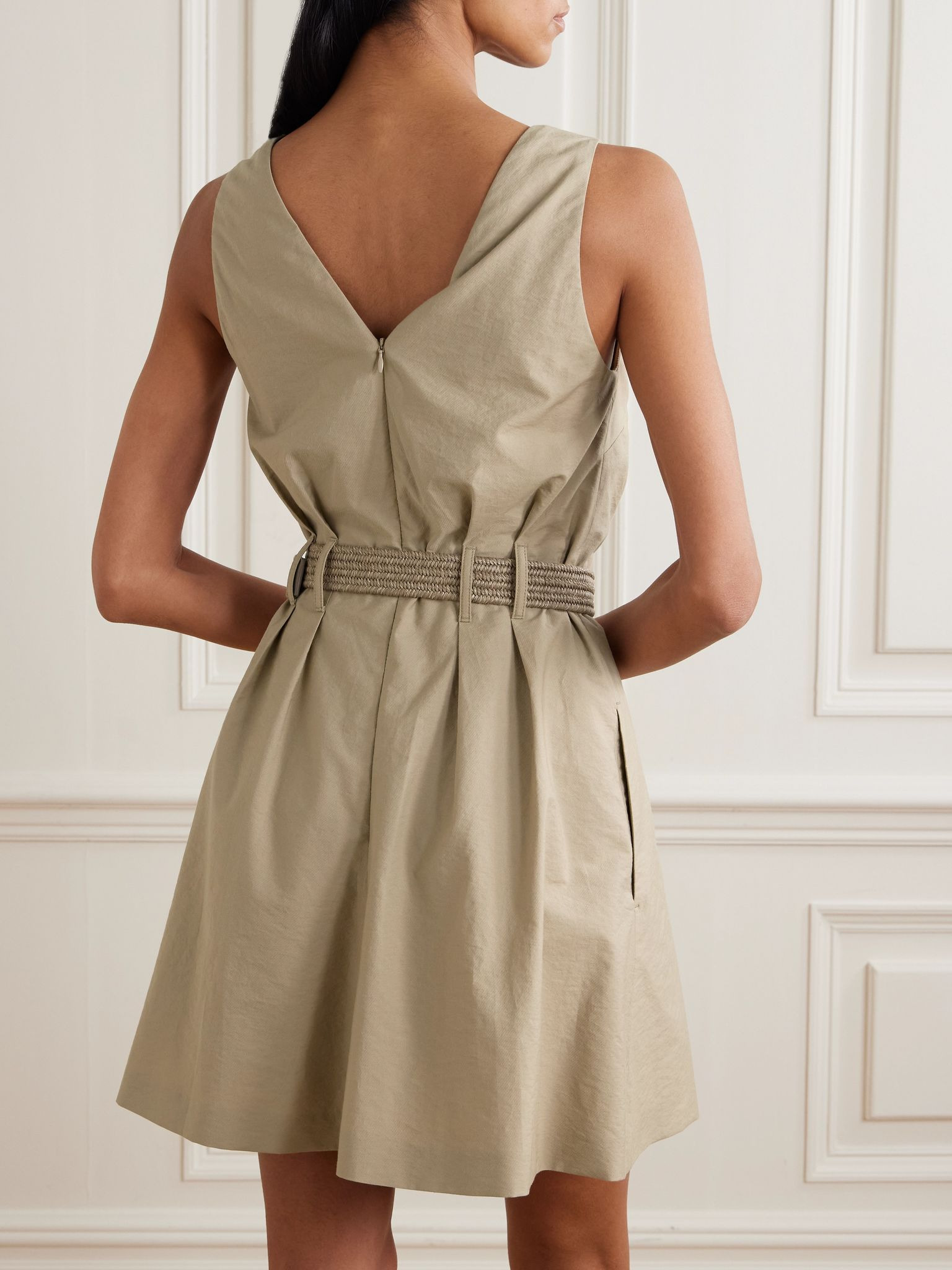 Belted cotton-blend twill mini dress Tan - 3