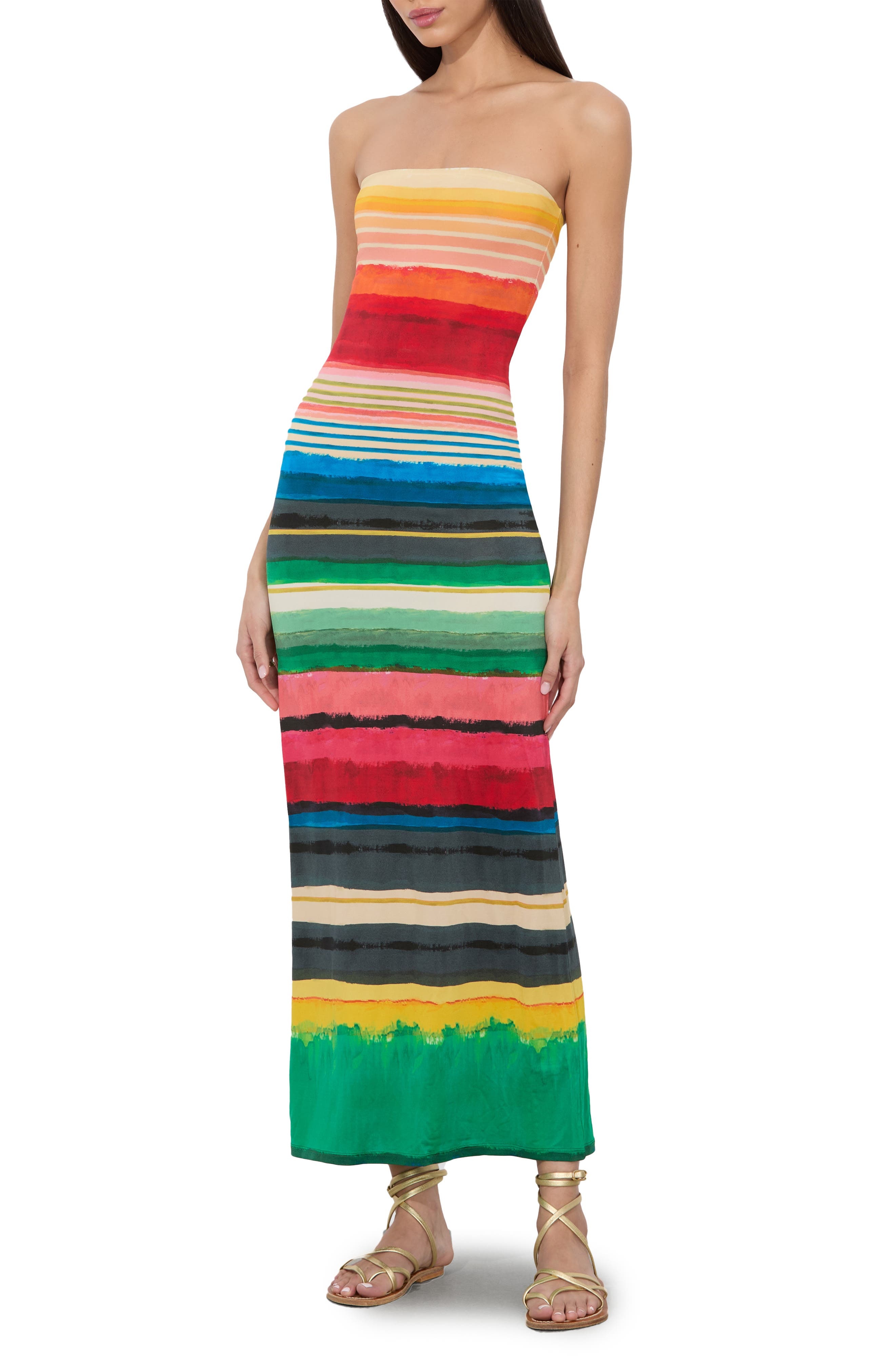 Alice + Olivia Delora Stripe Strapless Midi Dress in Rainbow Reef at Nordstrom - 3