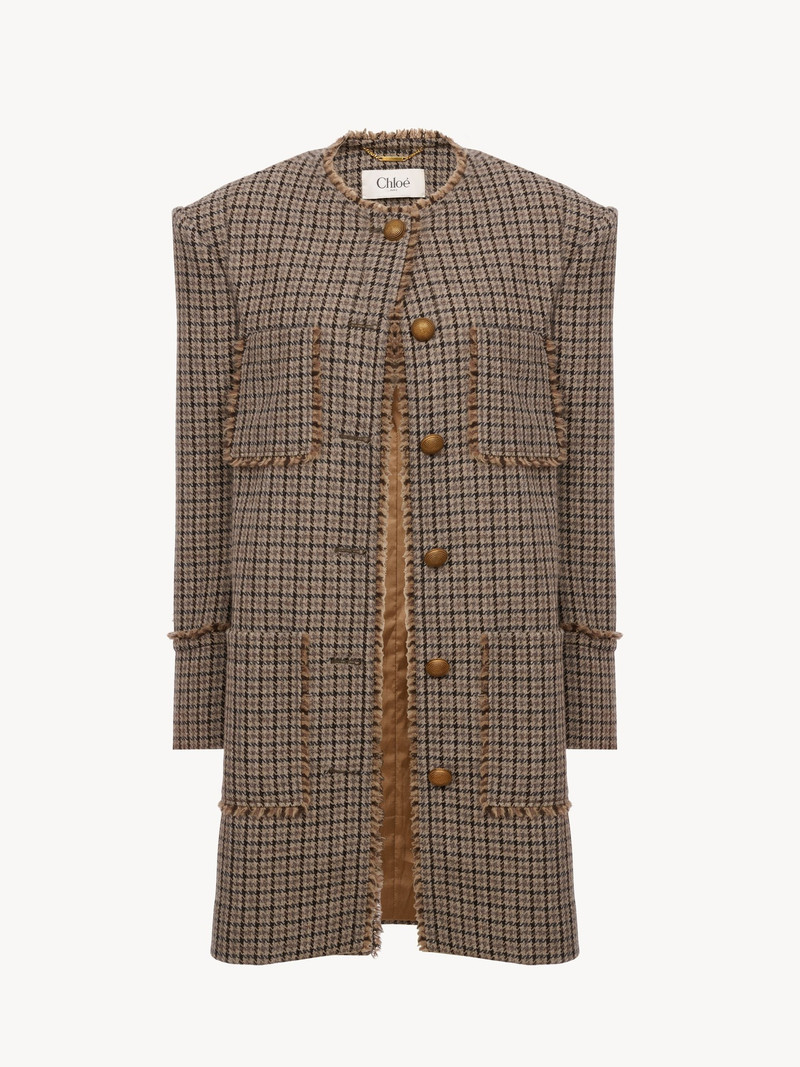 SINGLE-BREASTED COLLARLESS COAT IN HOUNDSTOOTH WOOL 1