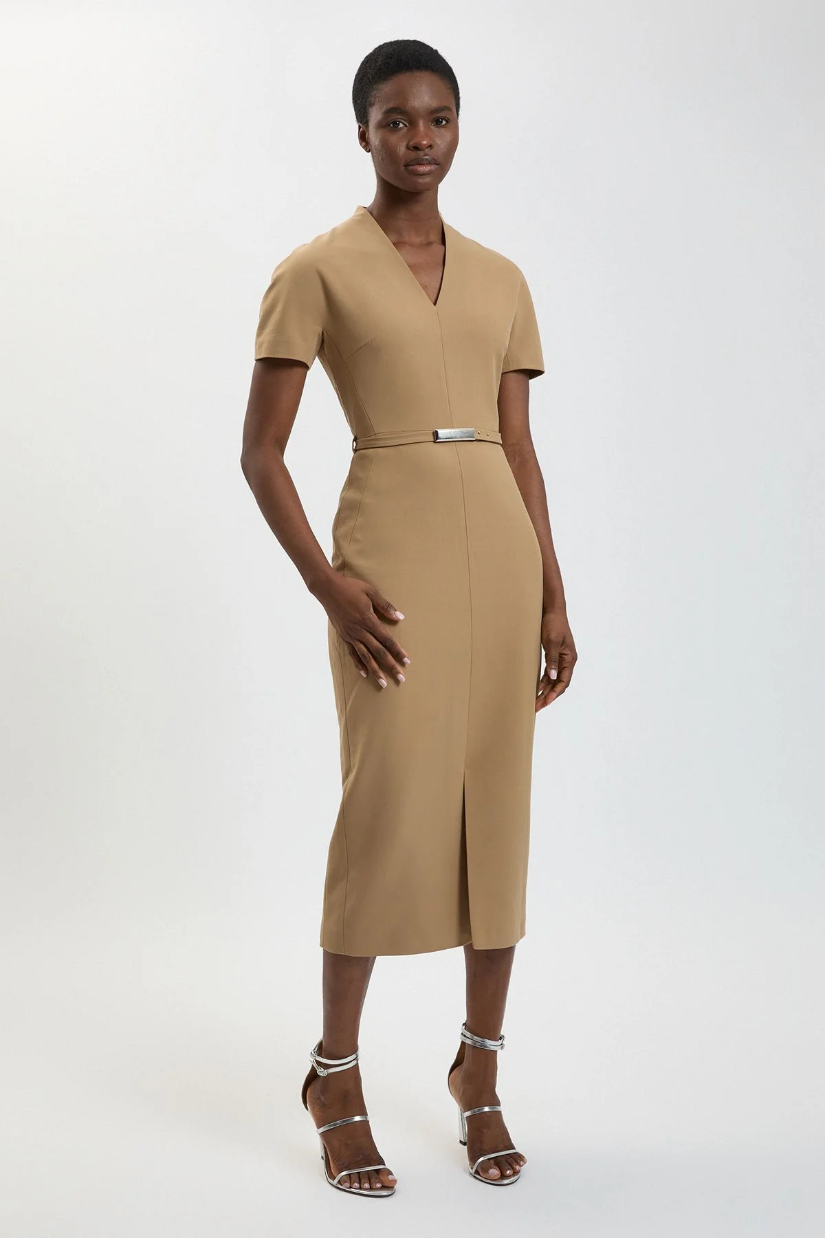 Petite Compact Stretch Tailored Belted Midi Pencil Dress - 1