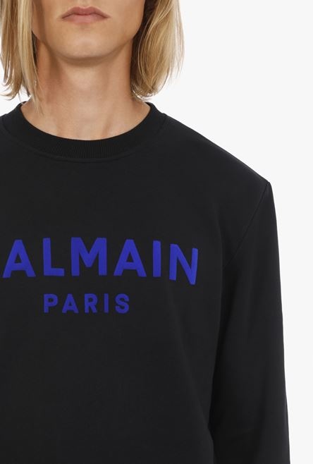 Black cotton sweatshirt with blue velvet Balmain logo - 5