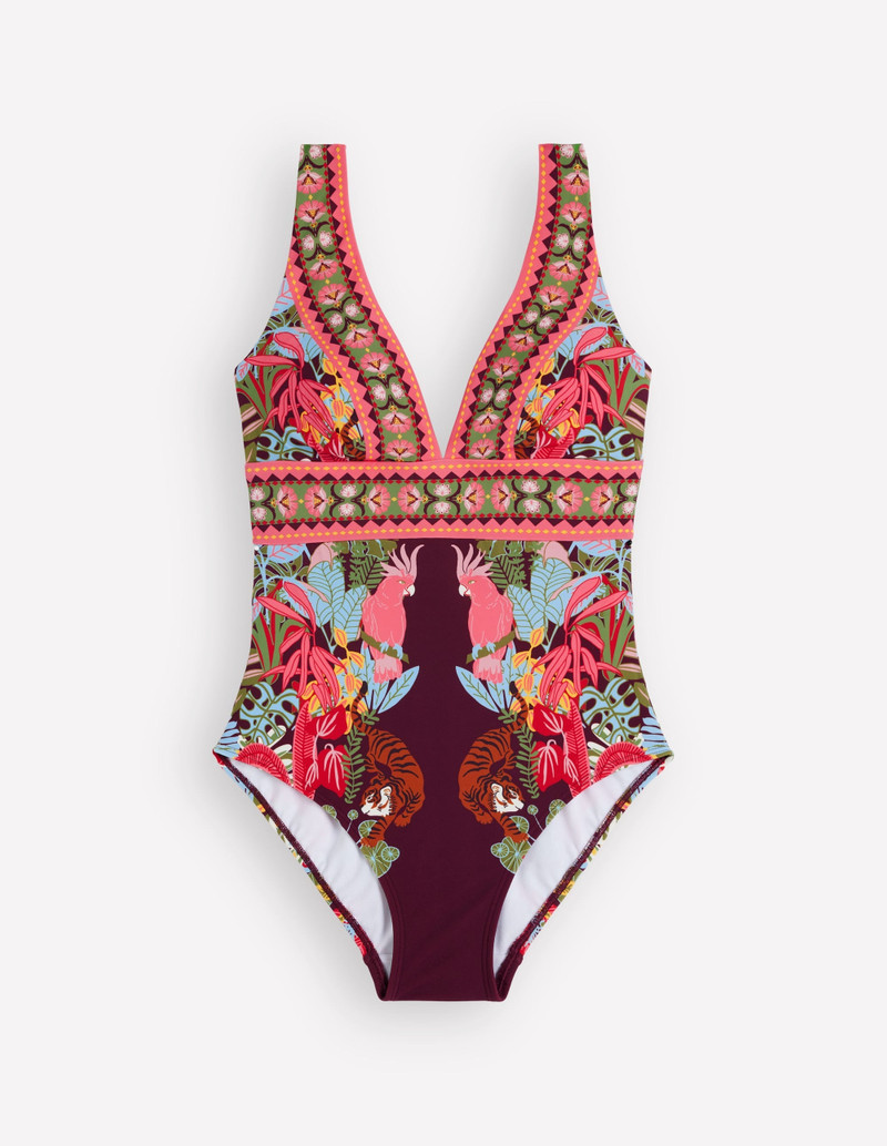 Porto V-neck Swimsuit-Chocberry, Tropical Safari - 1