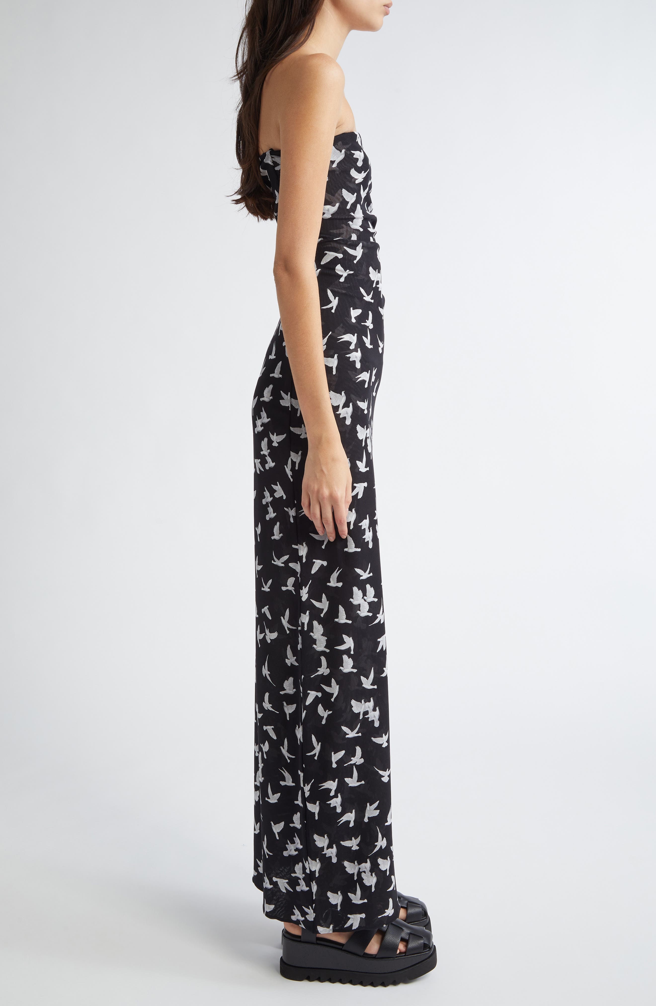 Stella McCartney Flying Bird Haze Gathered Strapless Mesh Dress in Black at Nordstrom - 3