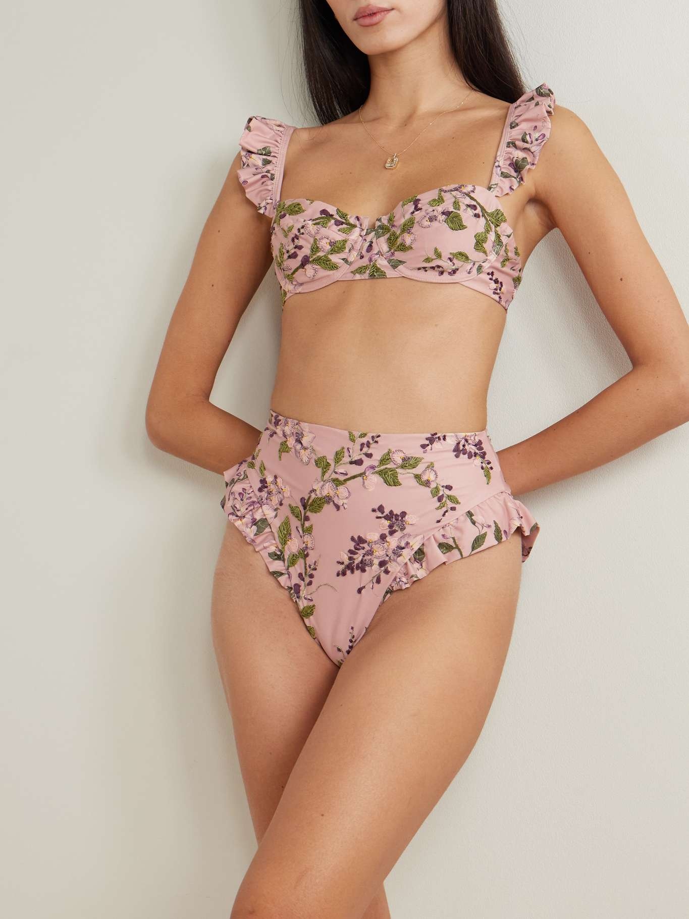 Jengibre Wisteria ruffled embroidered floral-print recycled bikini briefs Pink - 2