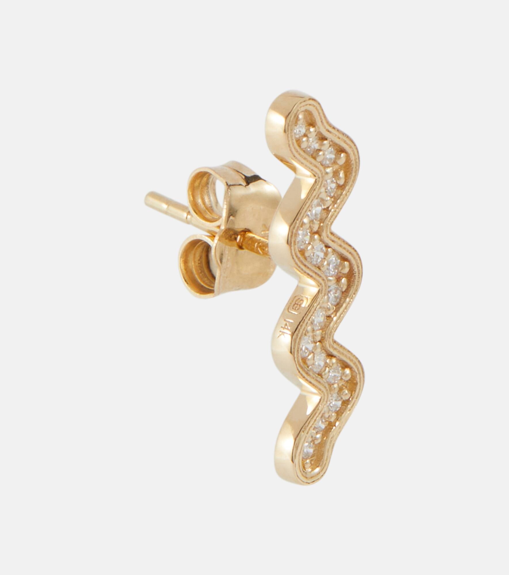 Wavy Stud 14kt gold single earring with diamonds - 4