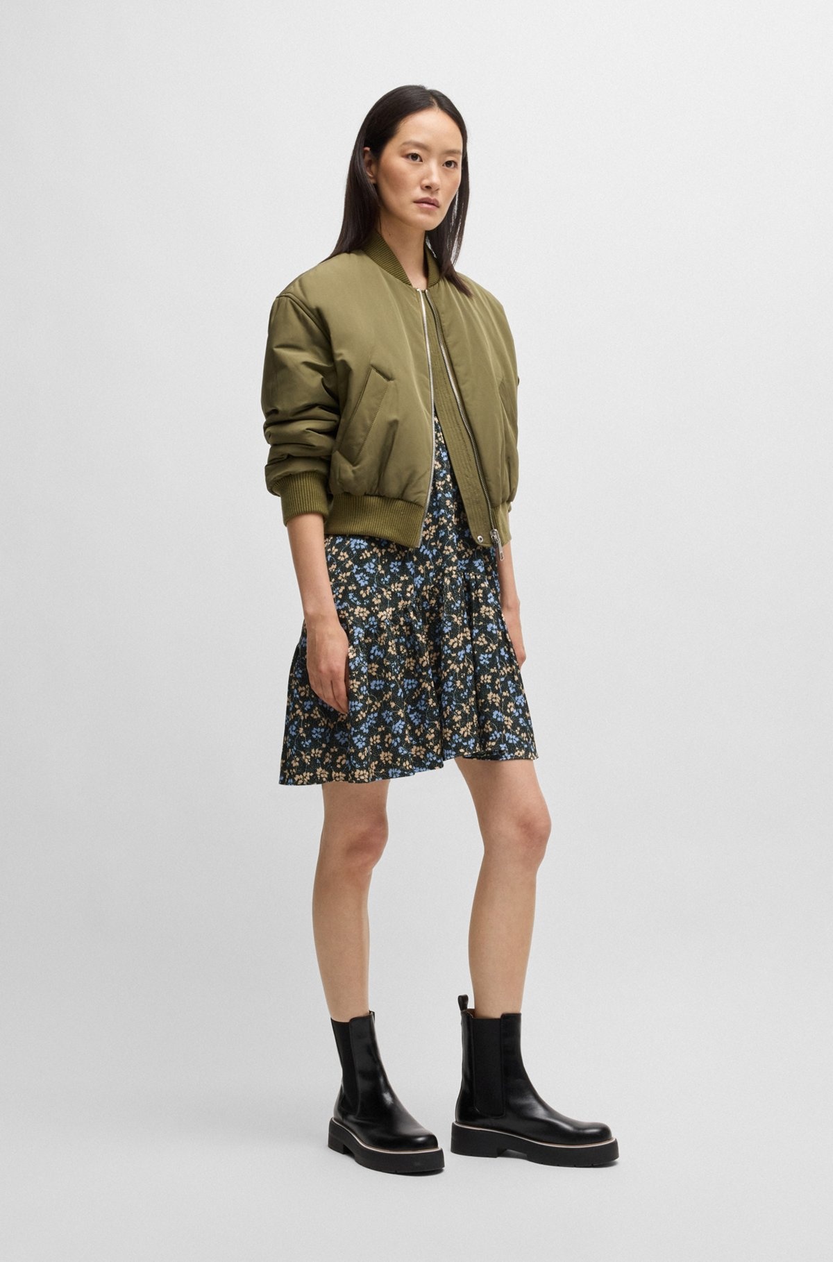 V-NECK DRESS IN PRINTED SATIN WITH GATHERED SLEEVES - 2
