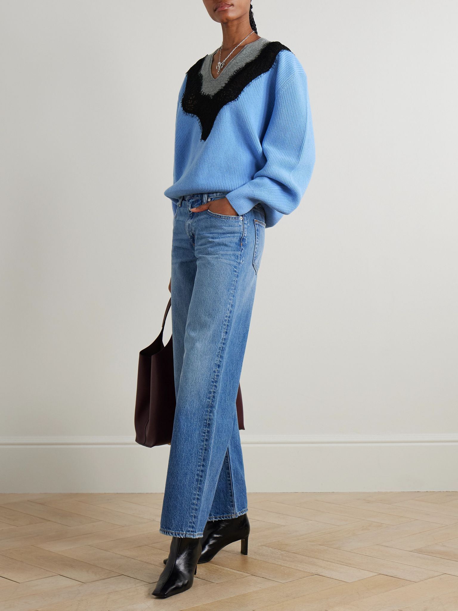 Oversized lace-trimmed ribbed wool sweater Sky blue - 2