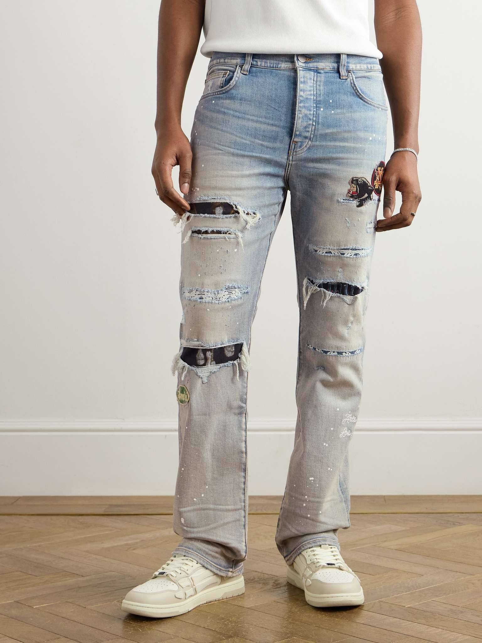 Skinny-Fit Appliquéd Distressed Paint-Splattered Jeans - 3