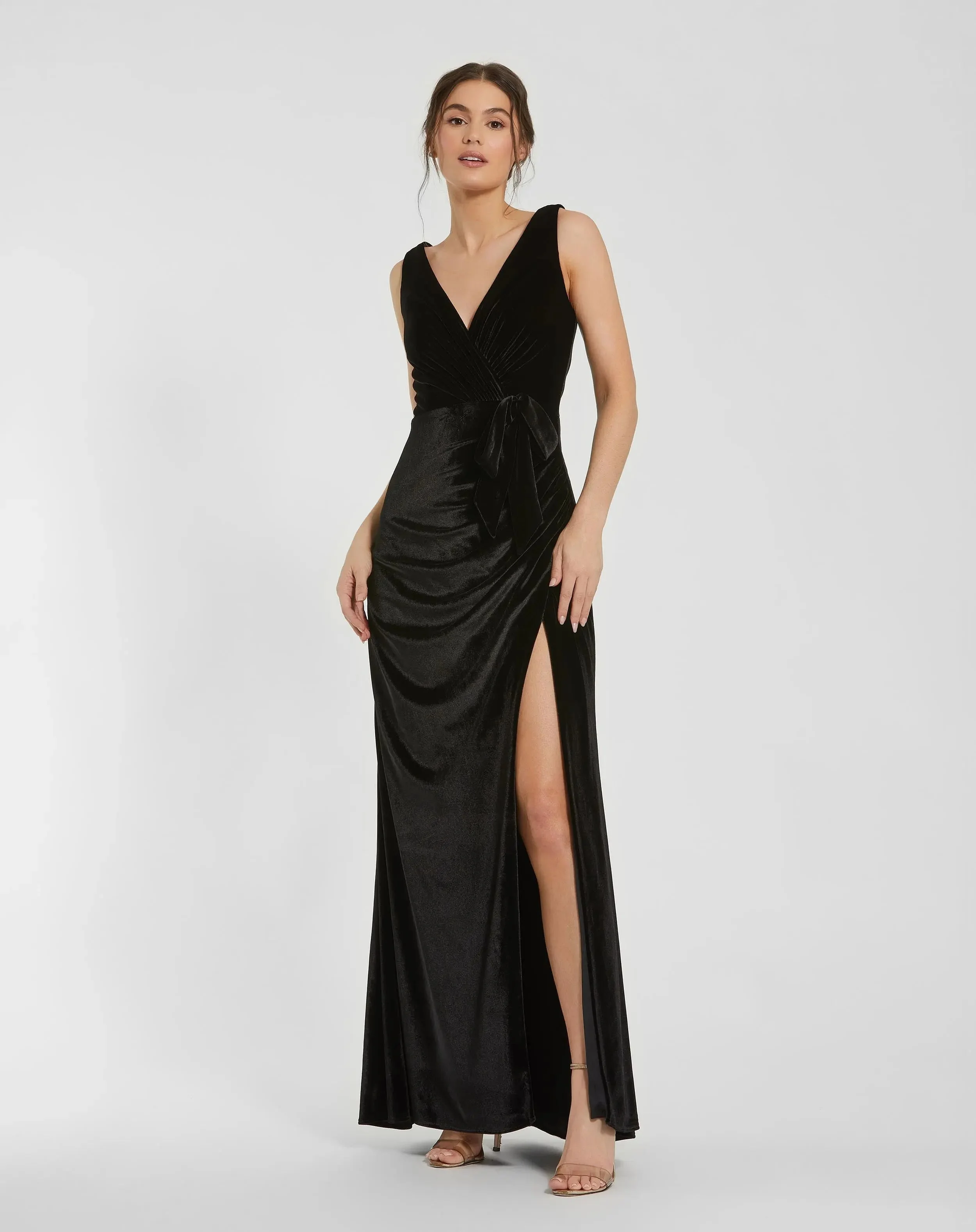 Black Deep V High Slit Draped Velvet Fitted Gown - 1
