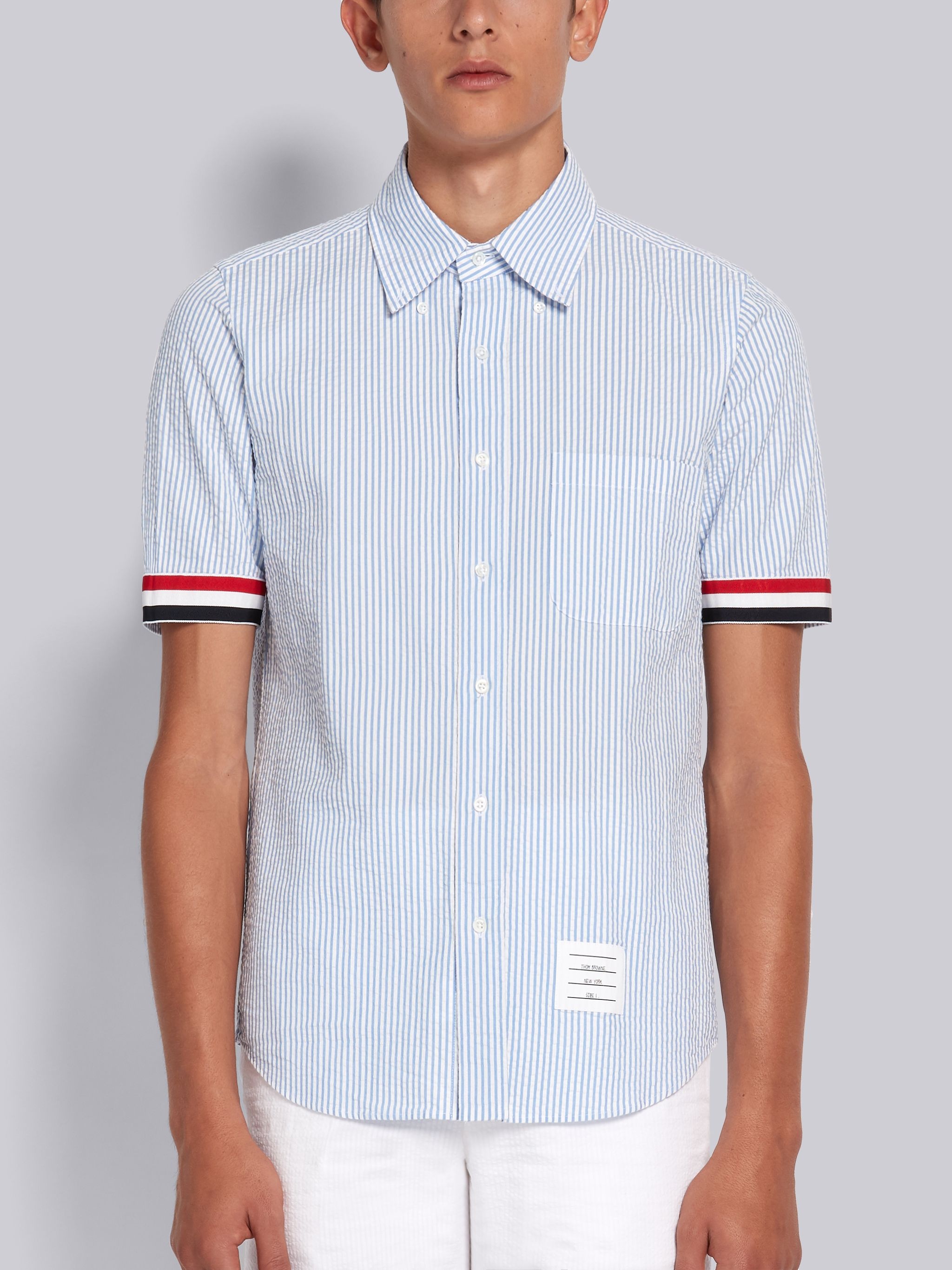 Light Blue Cotton Seersucker Grosgrain Cuff Straight Fit Short Sleeve Shirt - 3