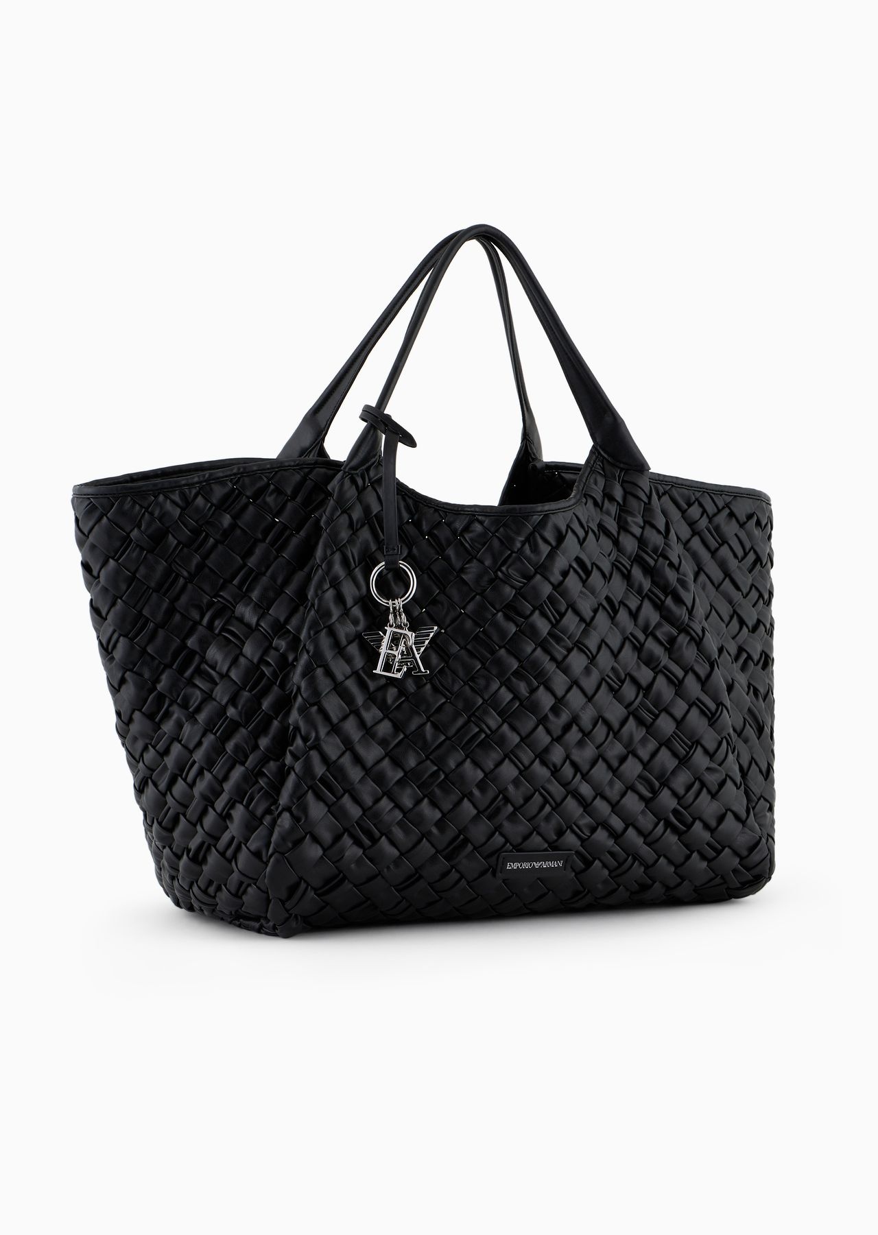 Oversized nappa leather-effect interwoven shopper bag with logo charm - 2