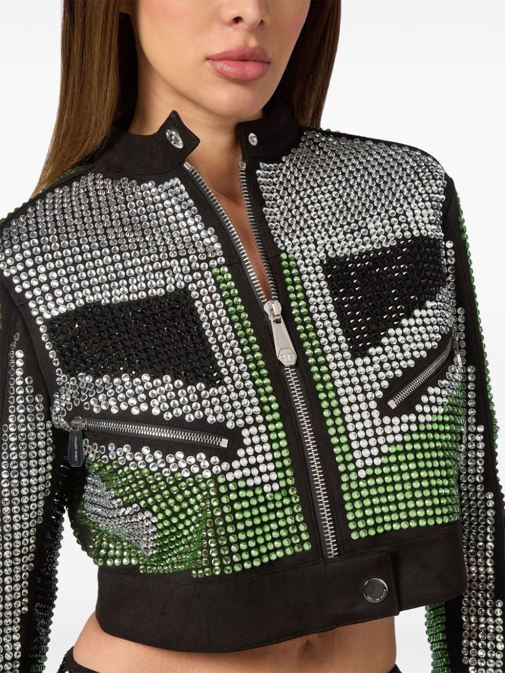 strass cropped biker jacket - 5