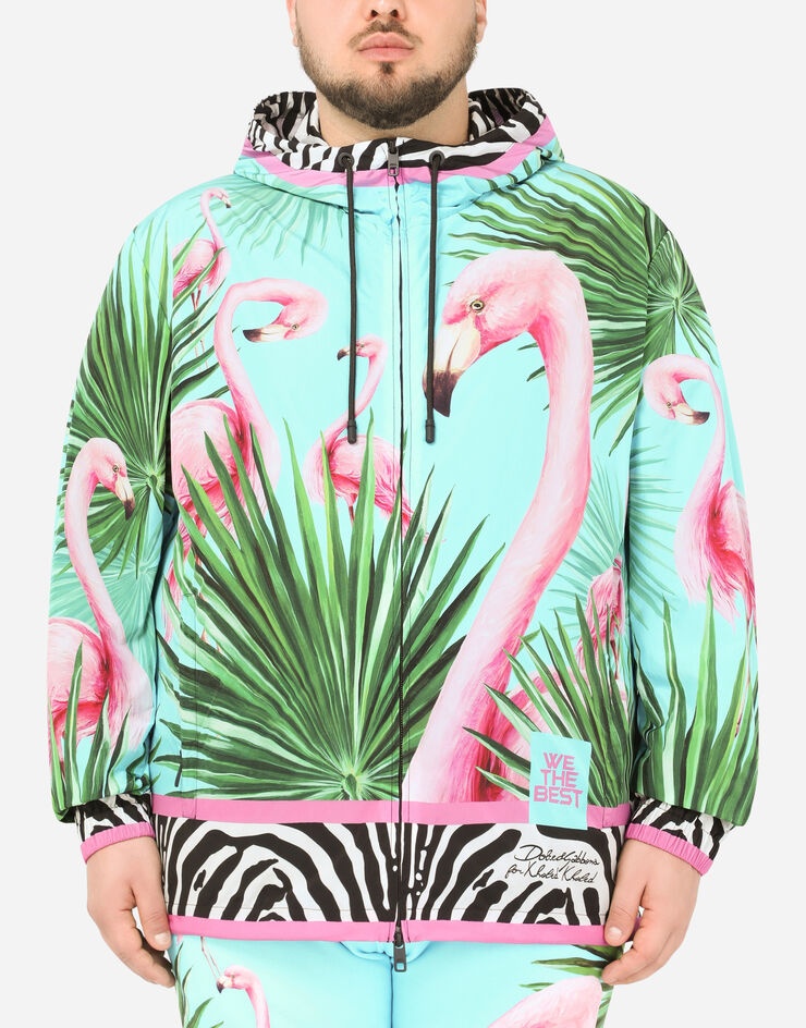 Hooded nylon jacket with flamingo print - 1