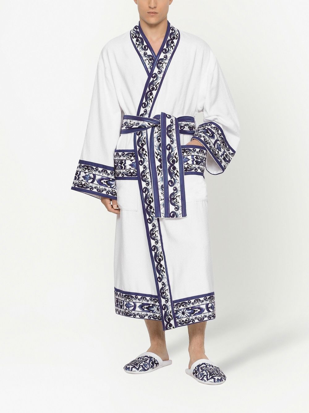 Majolica-print trim bathrobe - 2