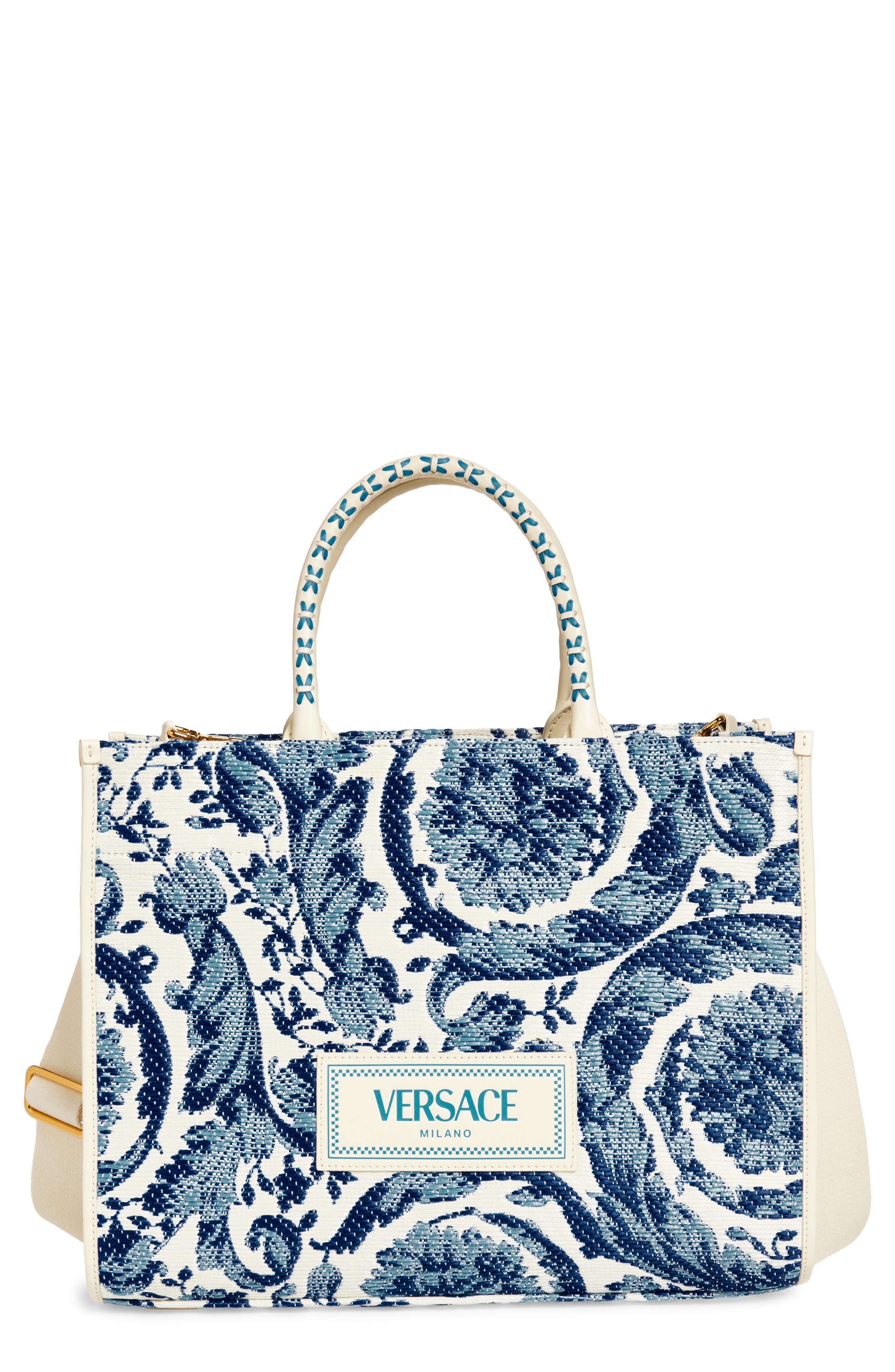 Versace Large Barocco Floral Raffia Tote in Eggshell/Bright Blue at Nordstrom - 1