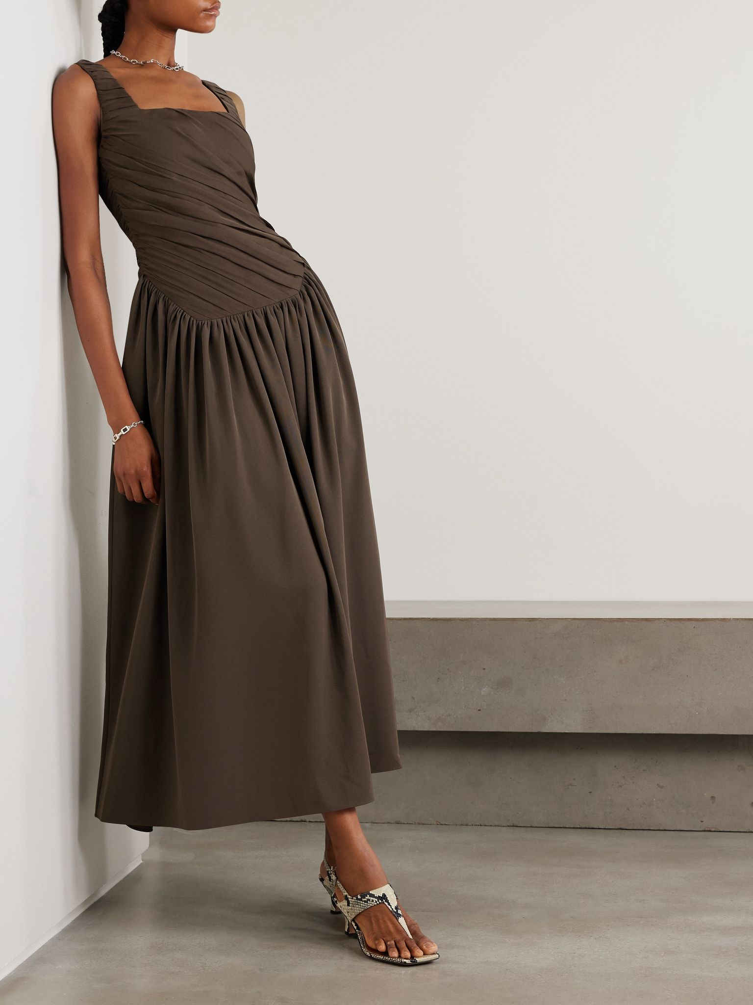 Kaia ruched gathered chiffon and twill midi dress Brown - 2