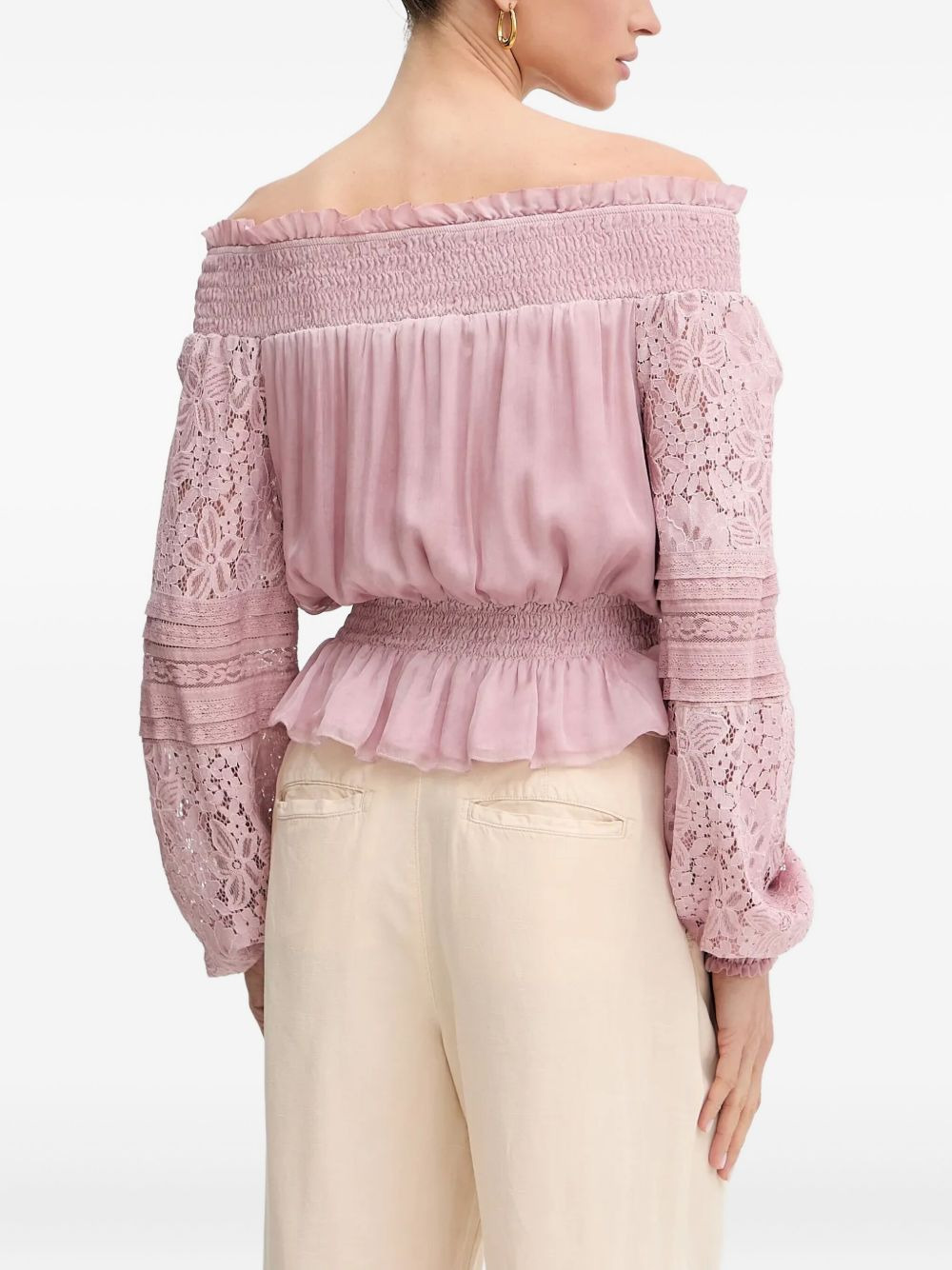 lace-sleeves smocked blouse - 3