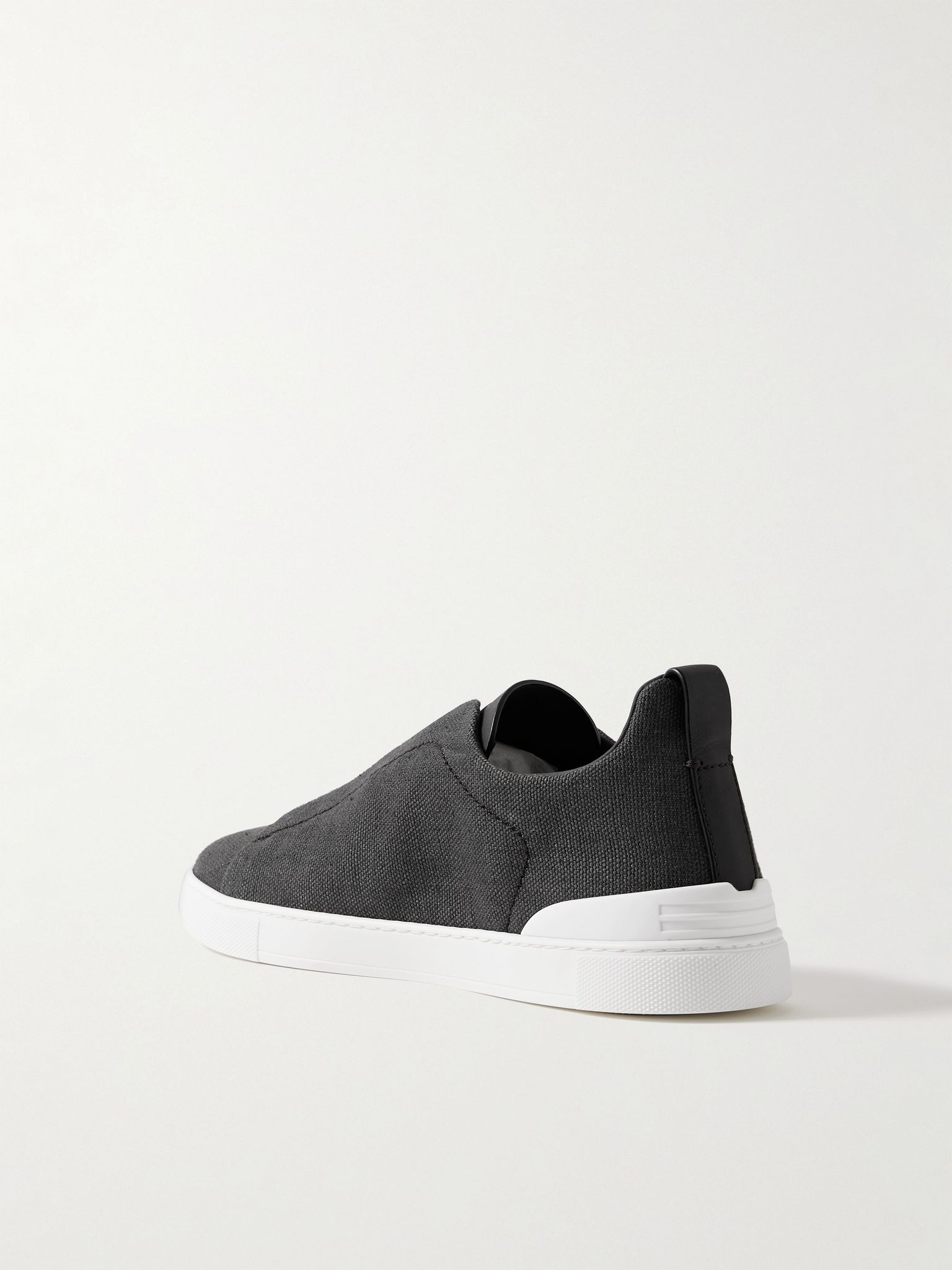 Triple Stitch™ Leather-Trimmed Linen-Canvas Slip-On Sneakers Gray - 4