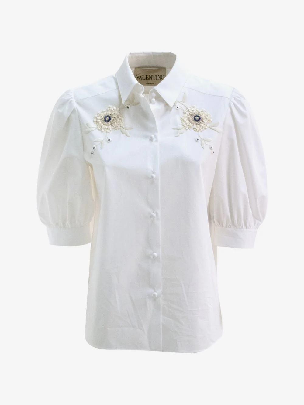 floral-appliqué puffed-sleeve shirt - 1