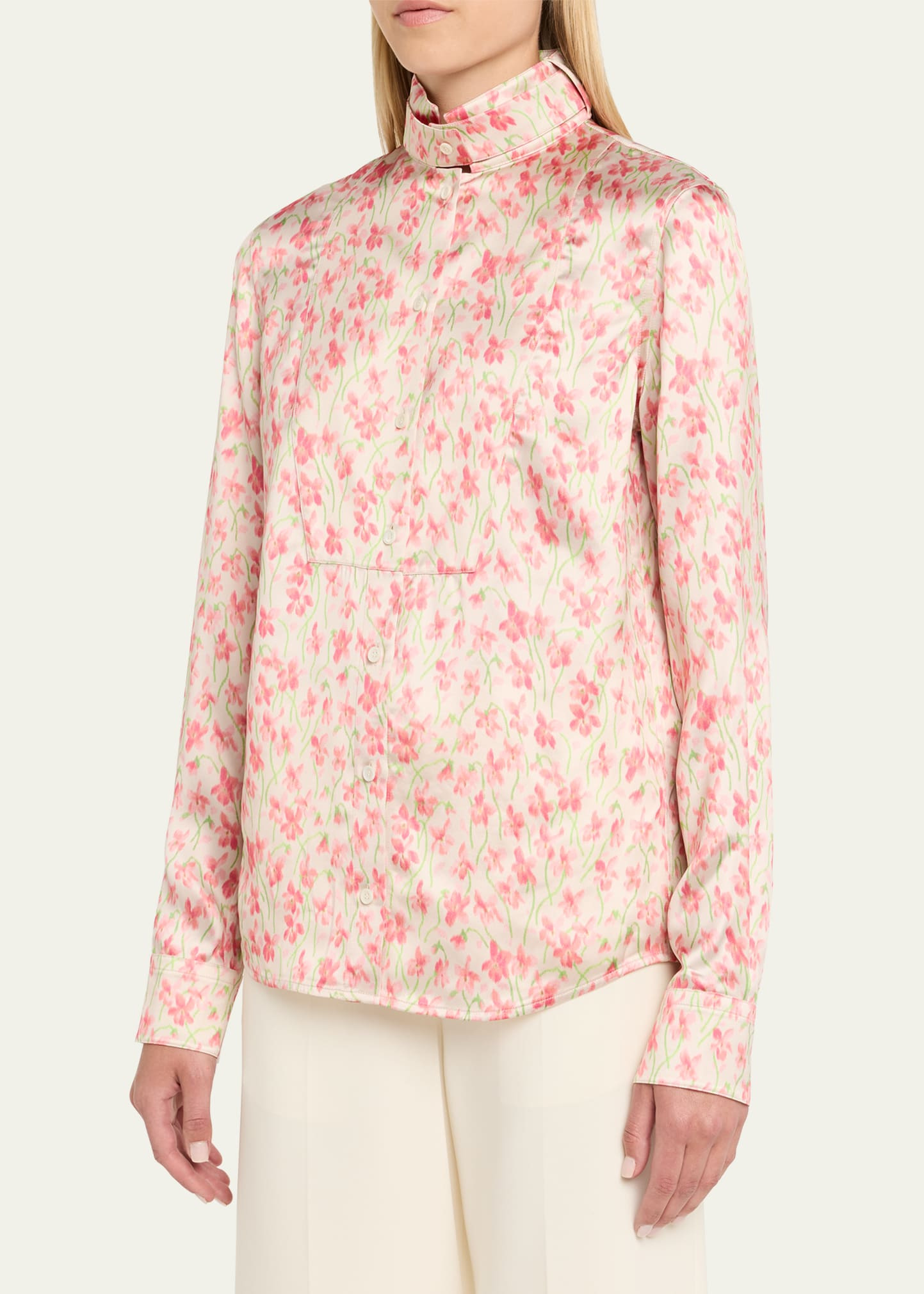 Floral Print Satin Button-Down Overshirt - 4