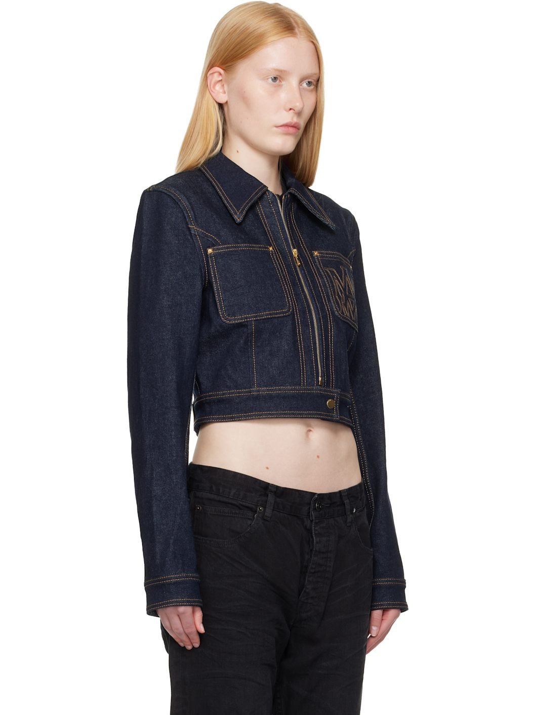 Navy Zip Up Cropped Denim Jacket - 2