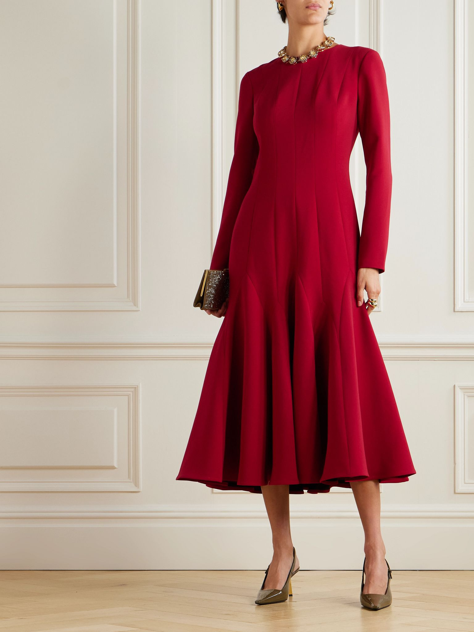 Pleated paneled crepe midi dress Red - 2