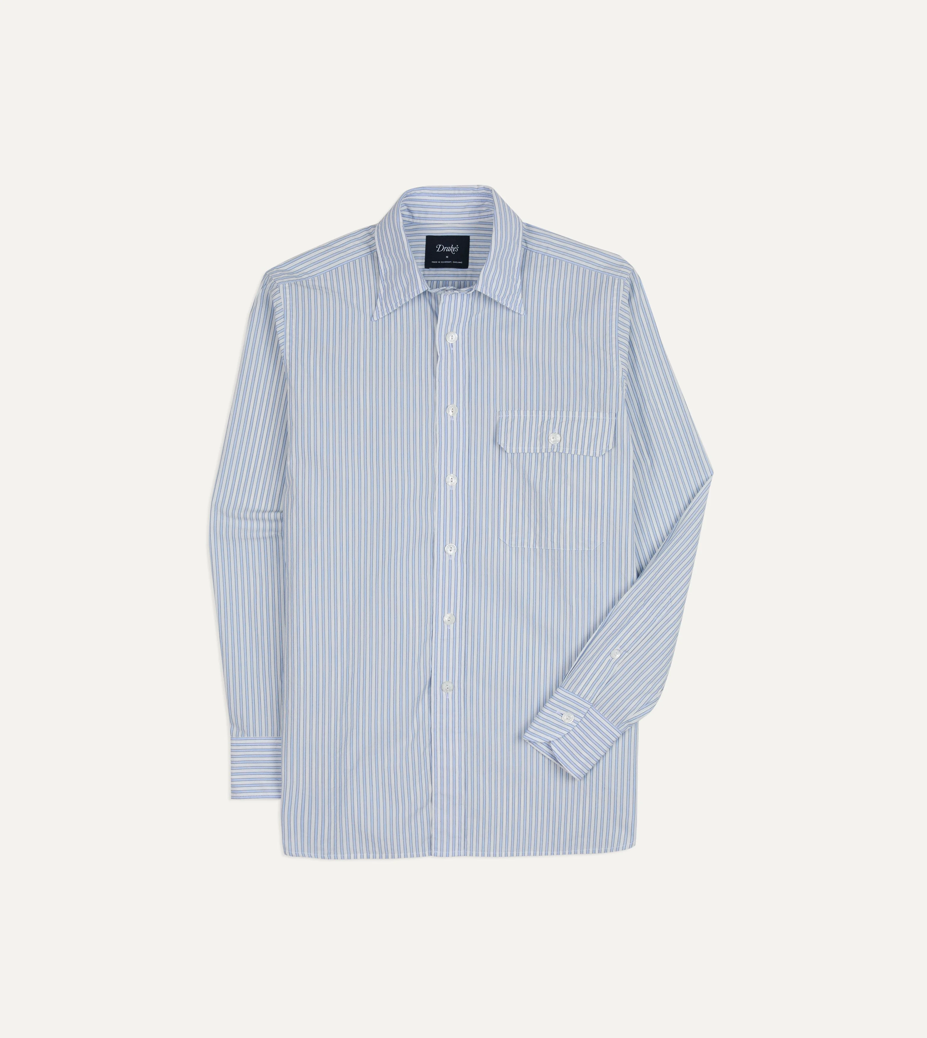 Blue and White Stripe Cotton Long Point Collar Shirt - 1