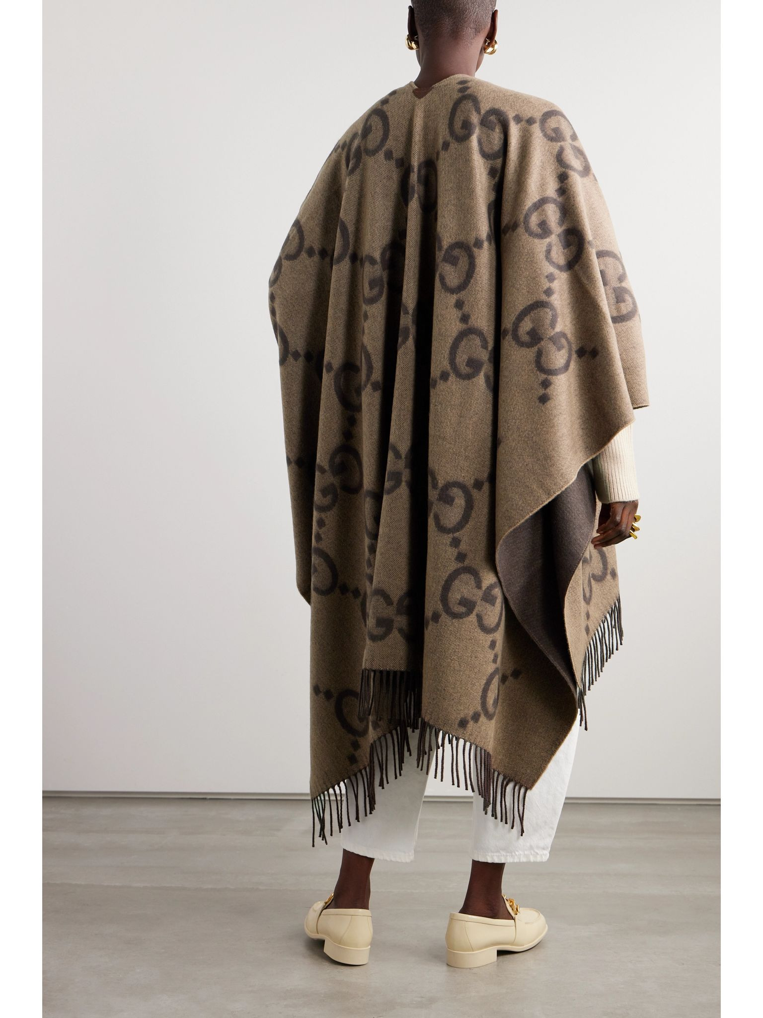 Reversible fringed jacquard-knit cashmere wrap Brown - 3