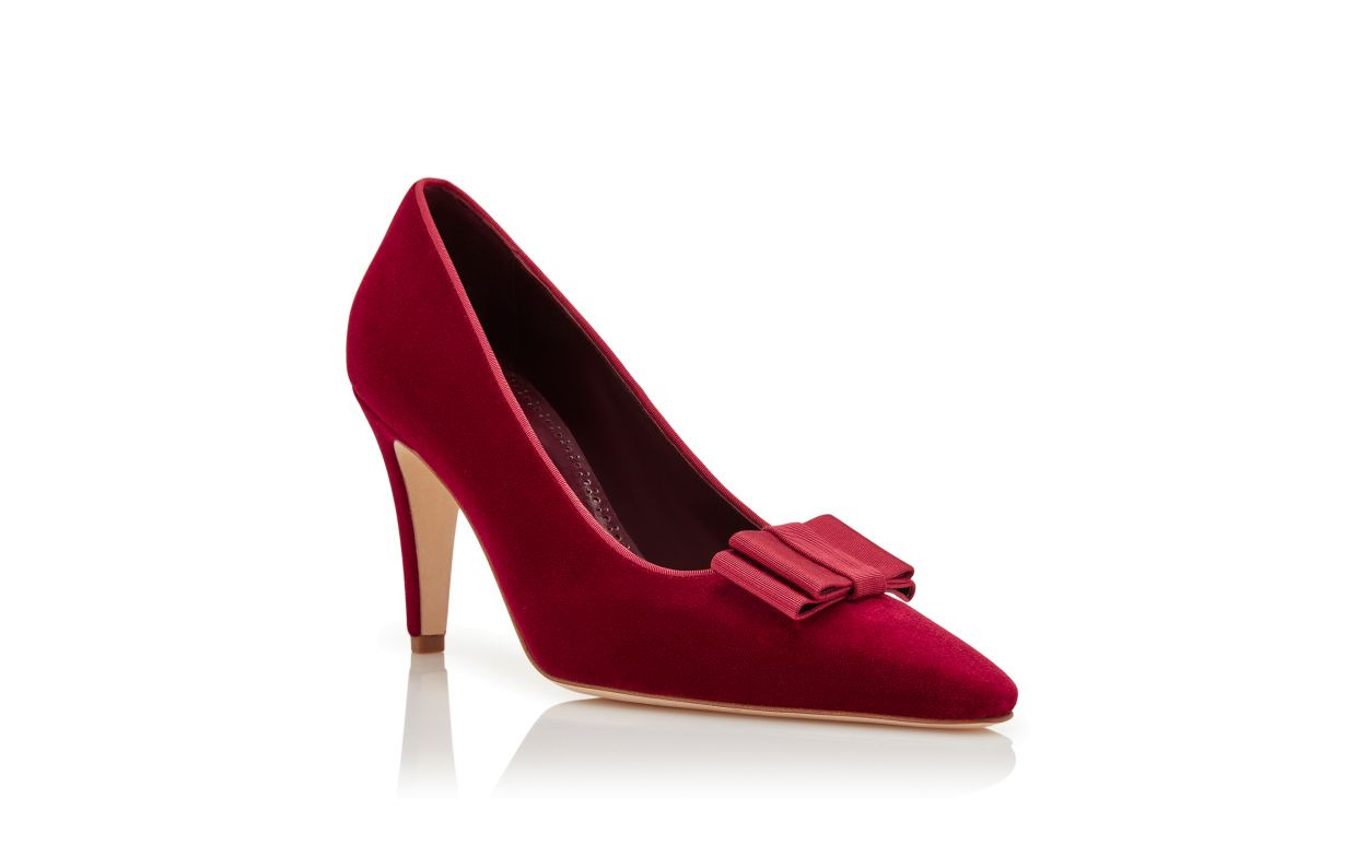 Dark Red Velvet Bow Detail Pumps - 3