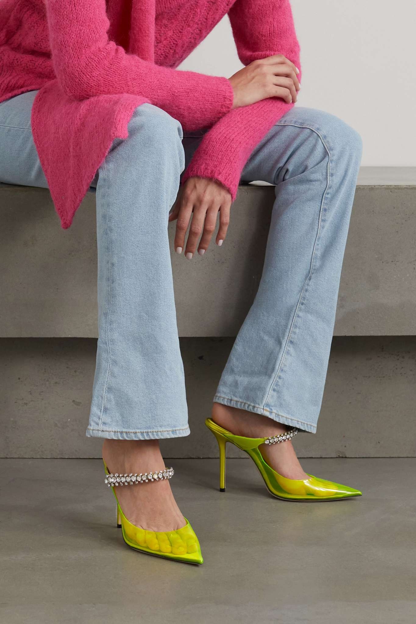 Bing 100 neon PVC and crystal-embellished satin mules - 2