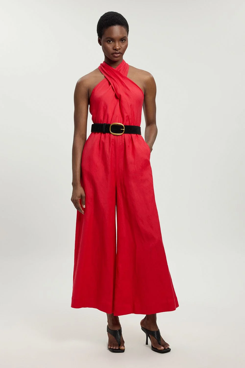 Petite Viscose Linen Belted Halterneck Woven Jumpsuit - 1