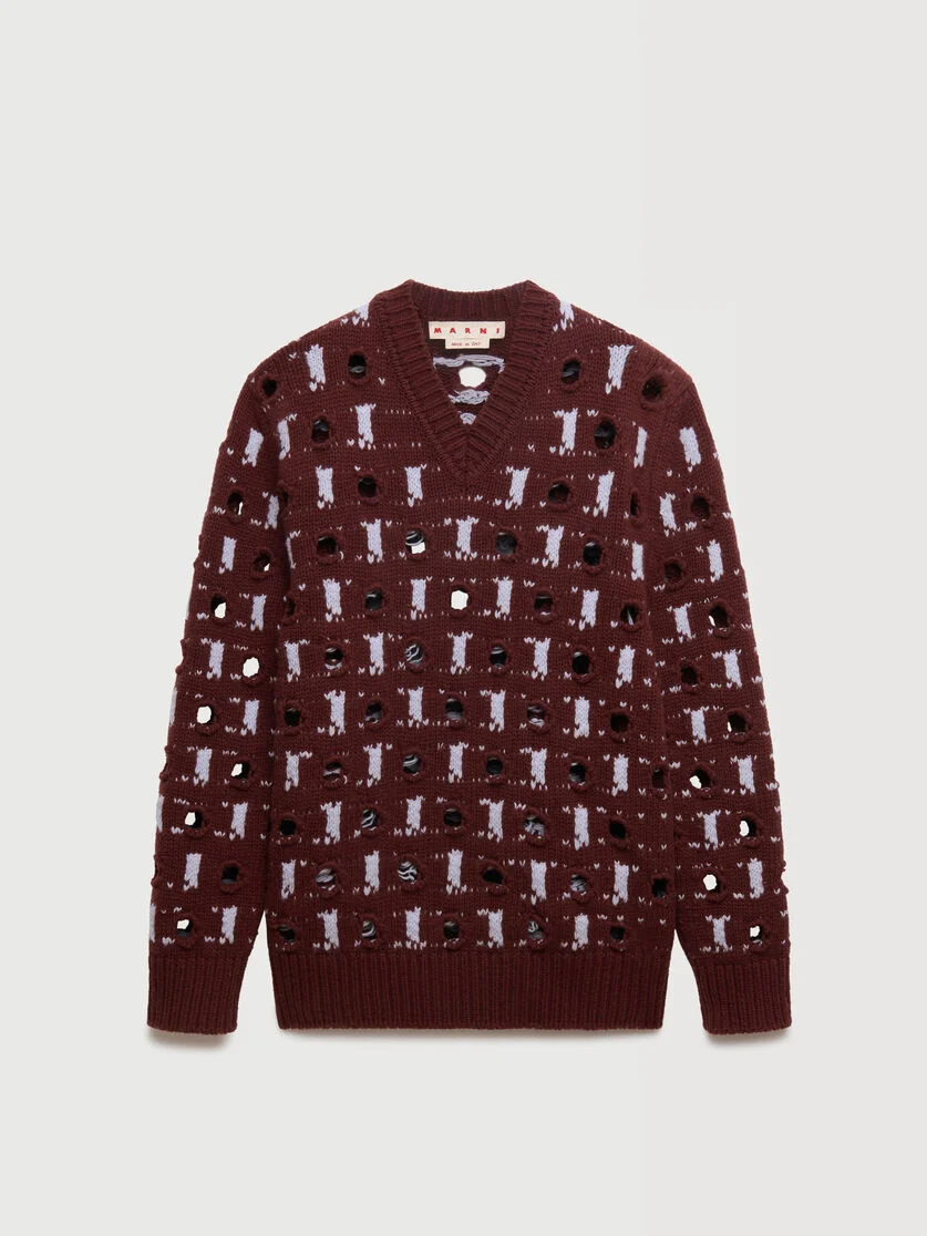 BROWN WOOL-CASHMERE SWEATER WITH CUT-OUT POLKA DOTS - 1