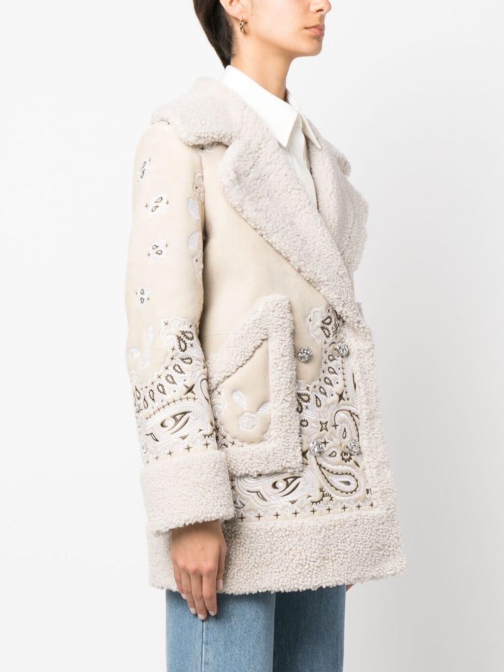embroidered-paisley shearling coat - 3