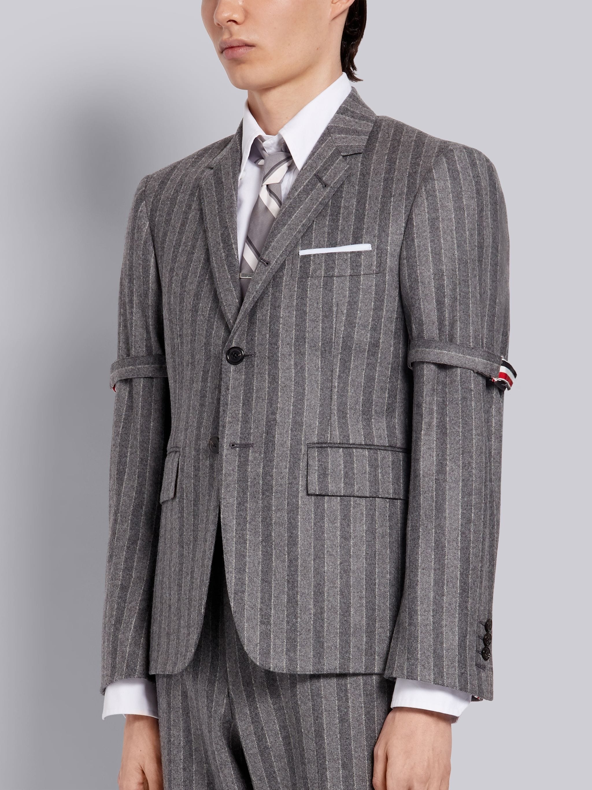 Medium Grey Tonal Chalk Stripe Wool Flannel Armband Classic Jacket - 2