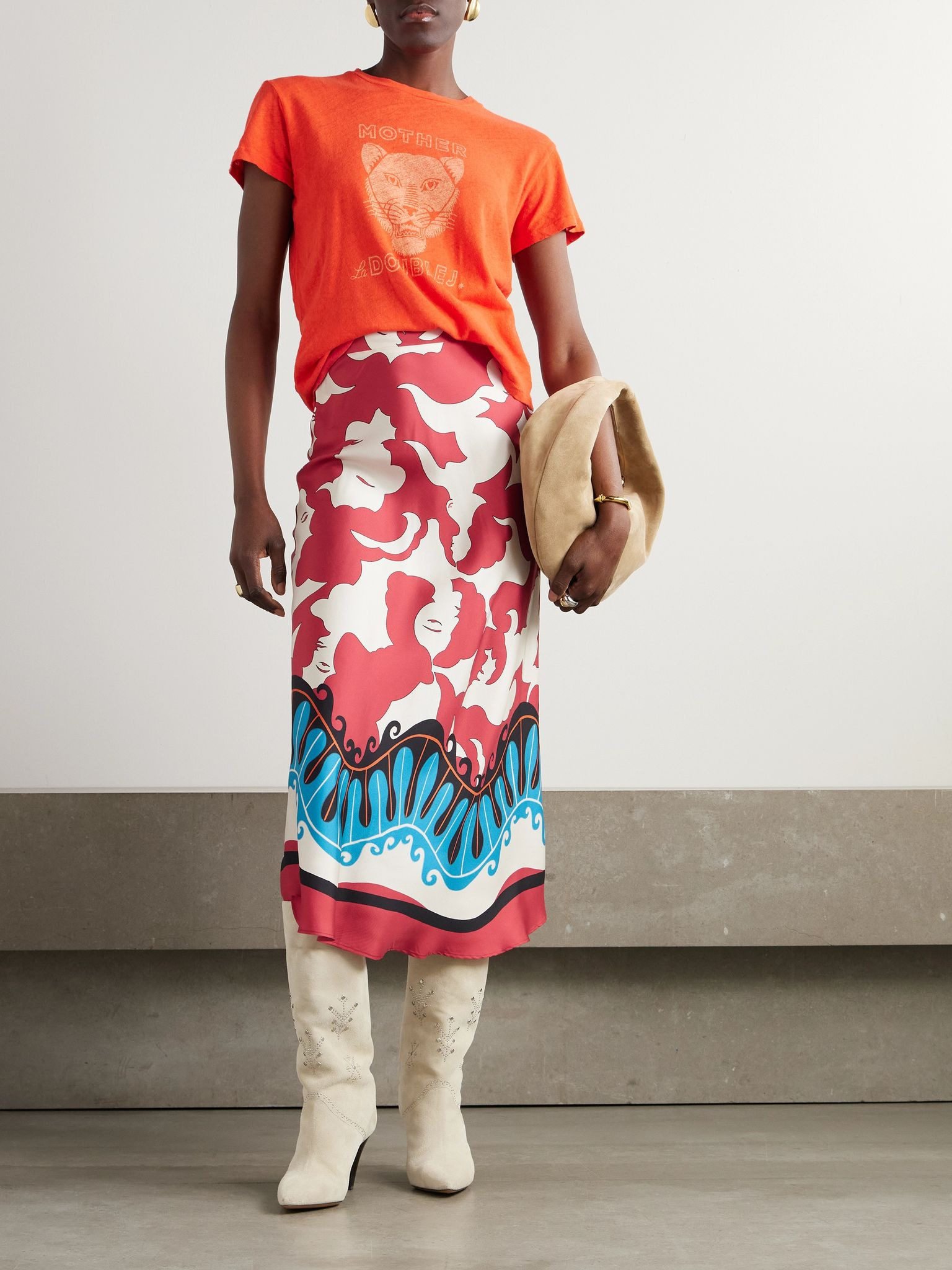 + MOTHER Lungomare printed silk-twill midi skirt Red - 2