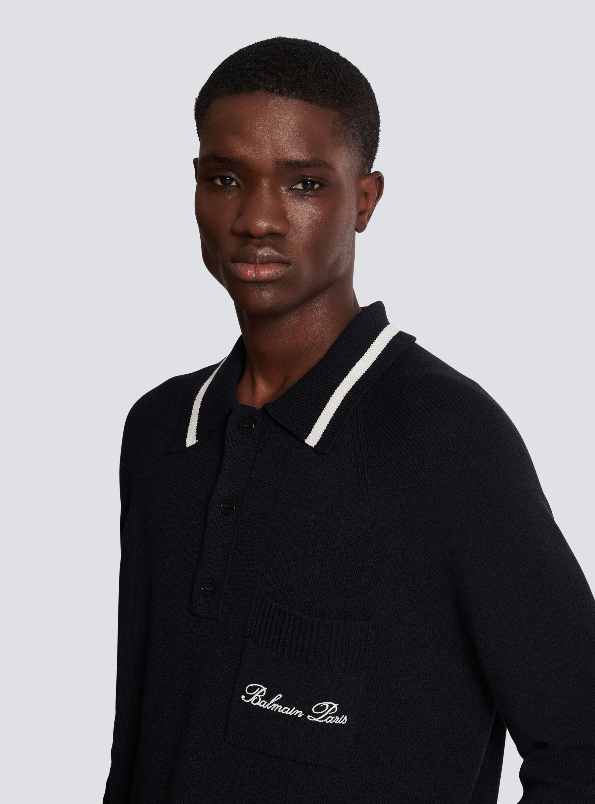 Long-sleeved wool polo shirt with Balmain Signature embroidery - 7