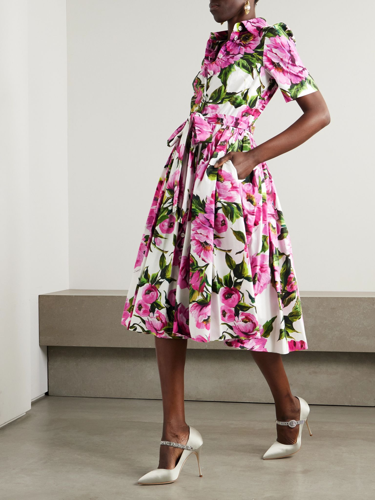 Belted pleated floral-print cotton-poplin midi shirt dress Pink - 2