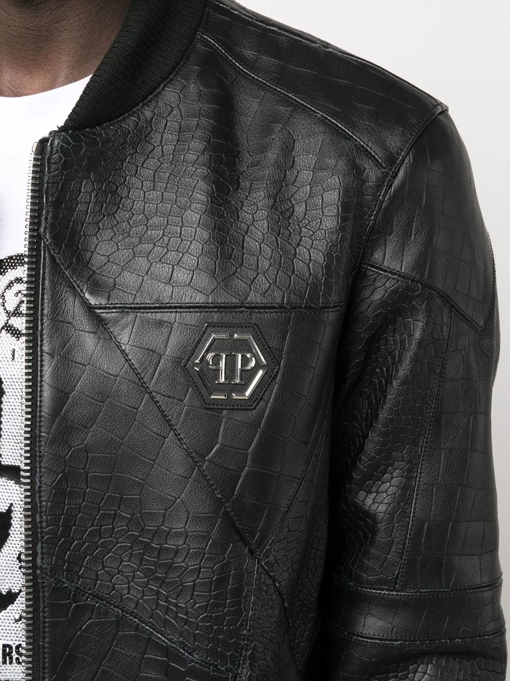 logo-plaque leather bomber jacket - 5