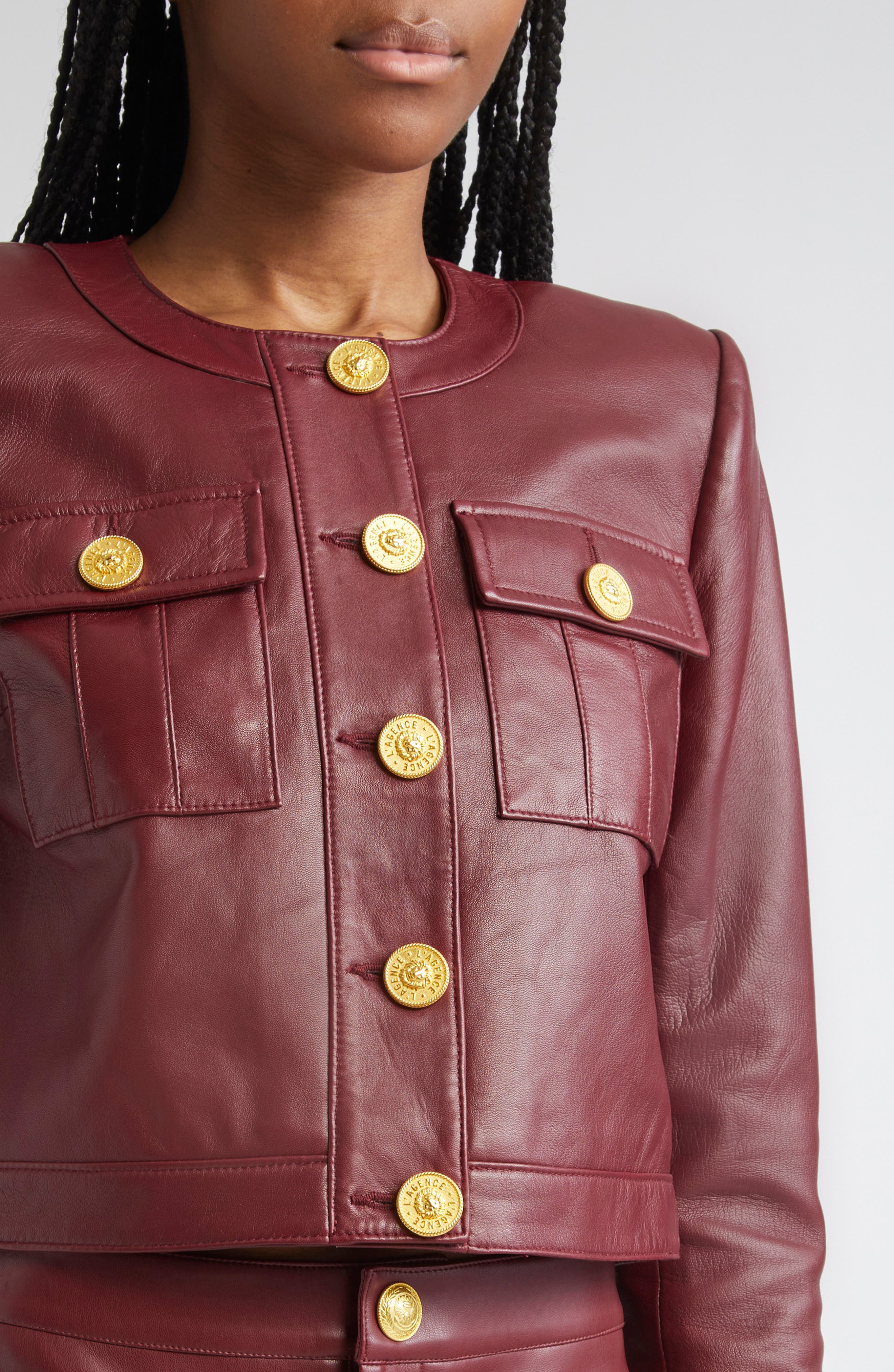 L'AGENCE Deidra Lambskin Leather Crop Jacket in Black Cherry at Nordstrom - 5