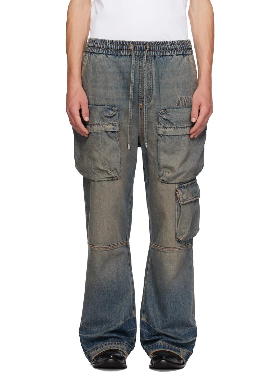 Drawstring Baggy Denim Cargo Pants - 1
