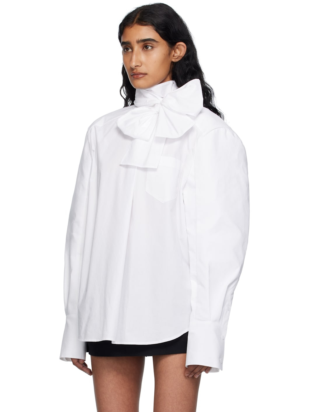 White Neck Ribbon Tie Blouse - 4