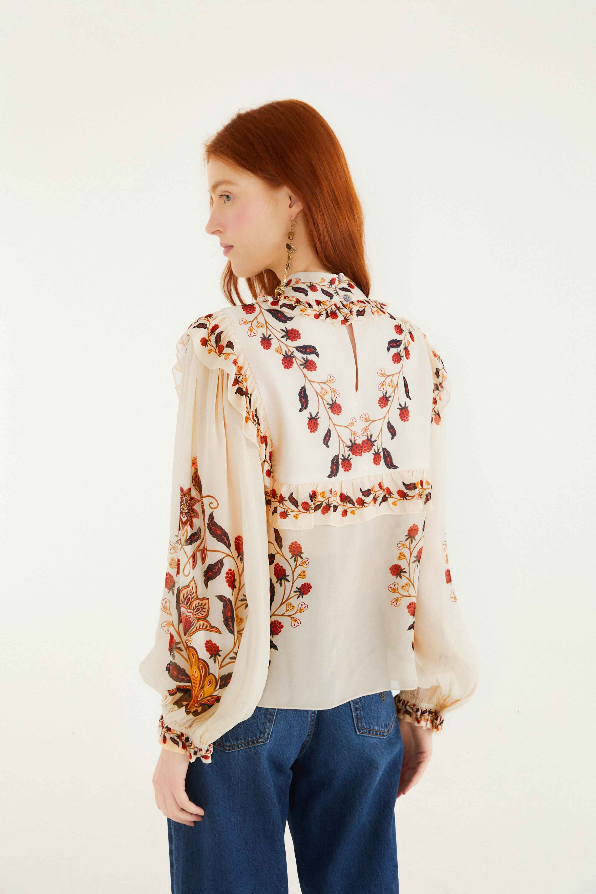 Cream Berry Garden Long Sleeve Blouse - 3
