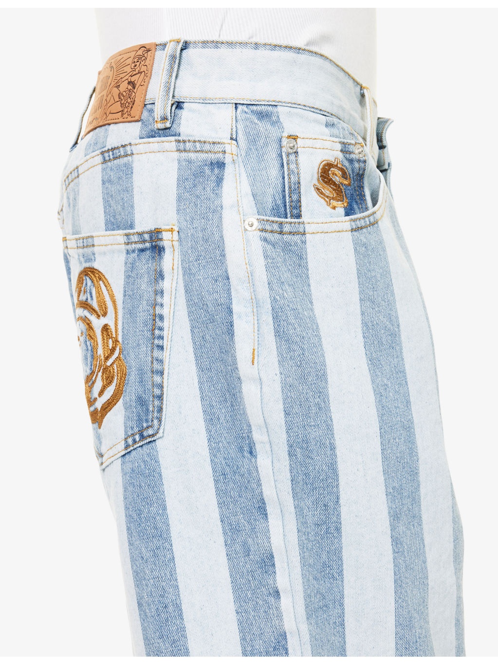 Striped Embroidered Denim Shorts - 5