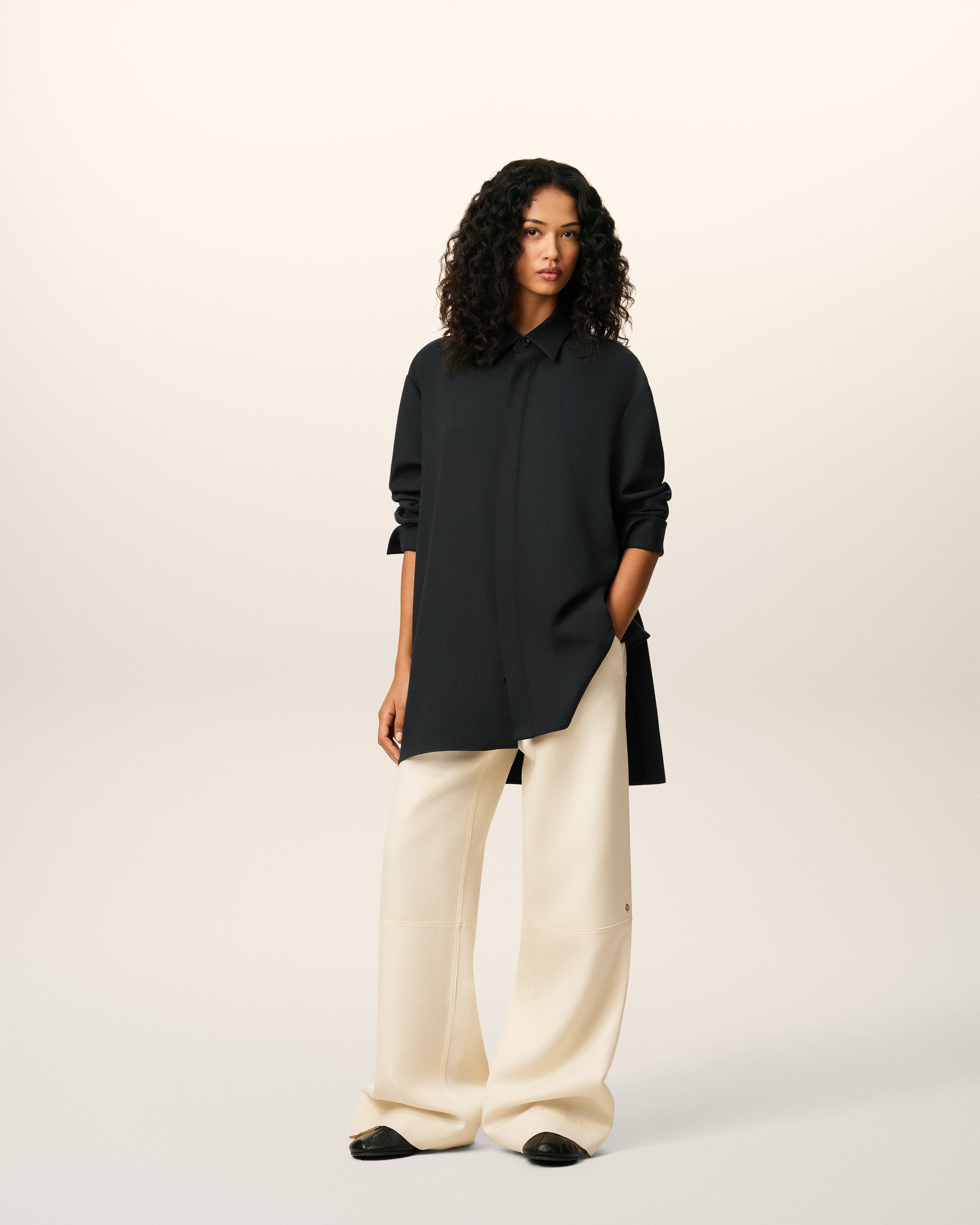 BLACK WOOL LONG OVERSIZED SIDE SLITS SHIRT - 2