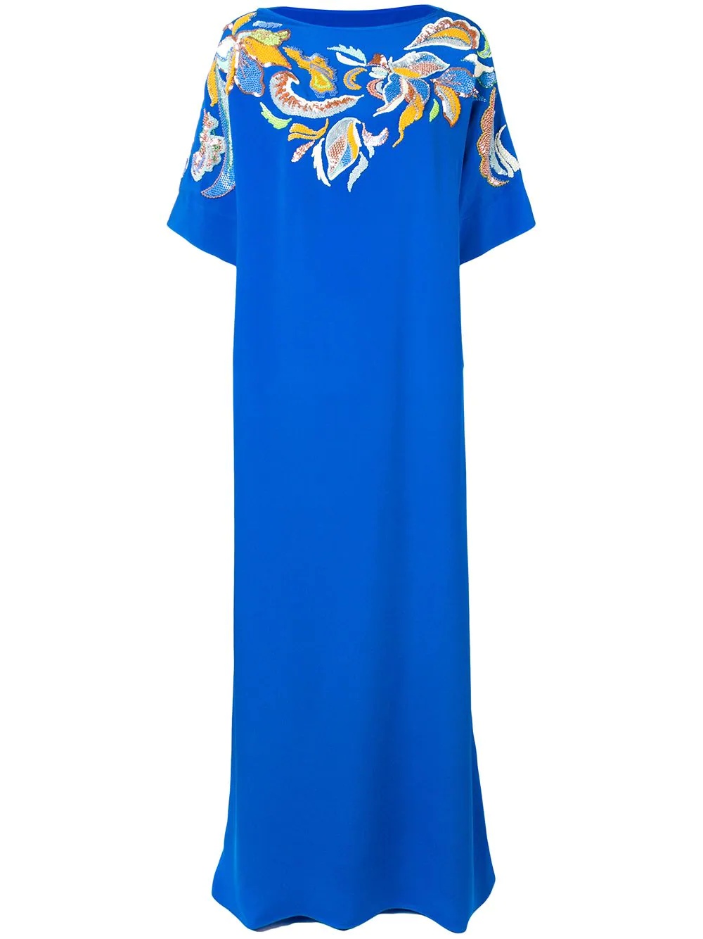 Floral Embroidered Silk Kaftan Dress - 1