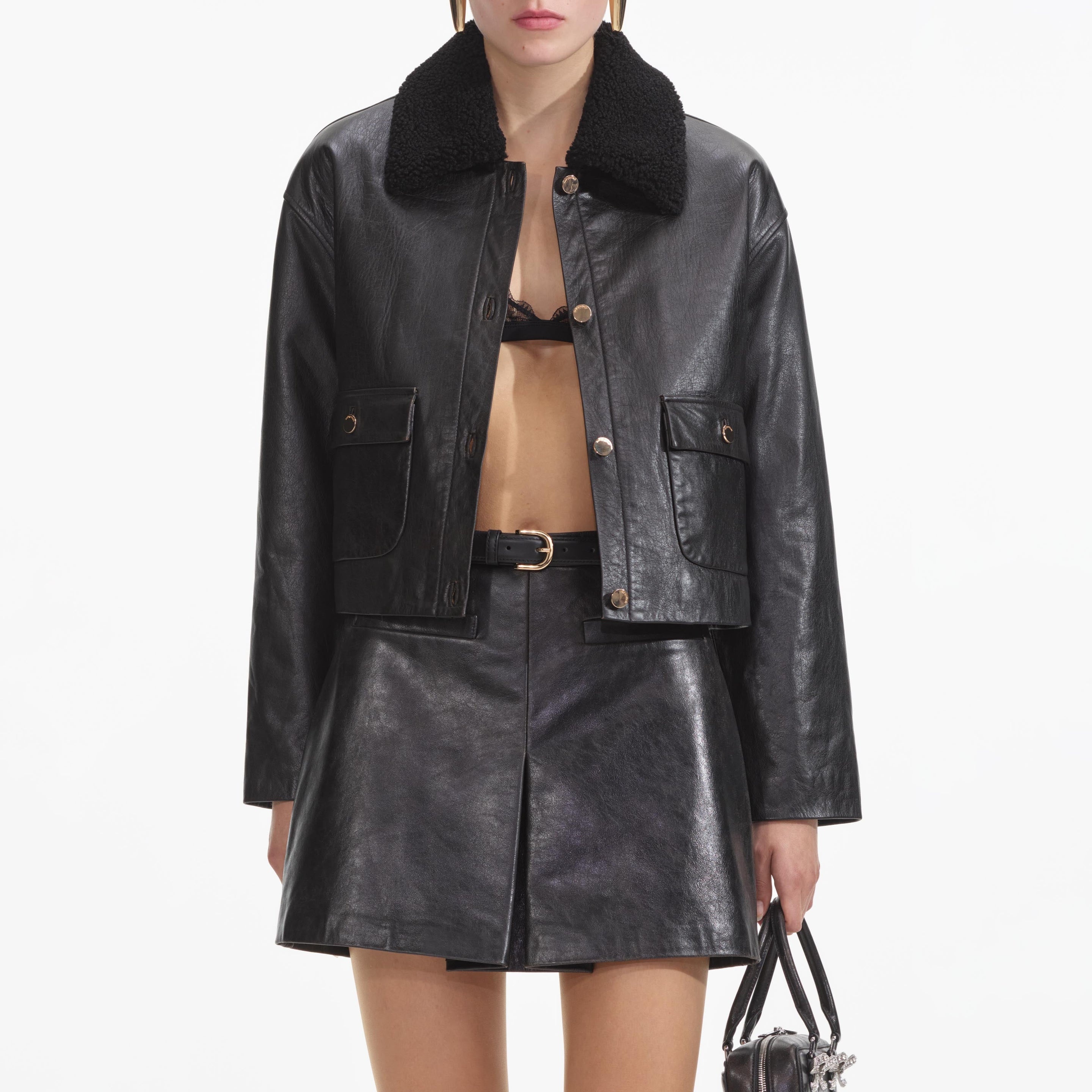 Black Leather Shearling Jacket - 4